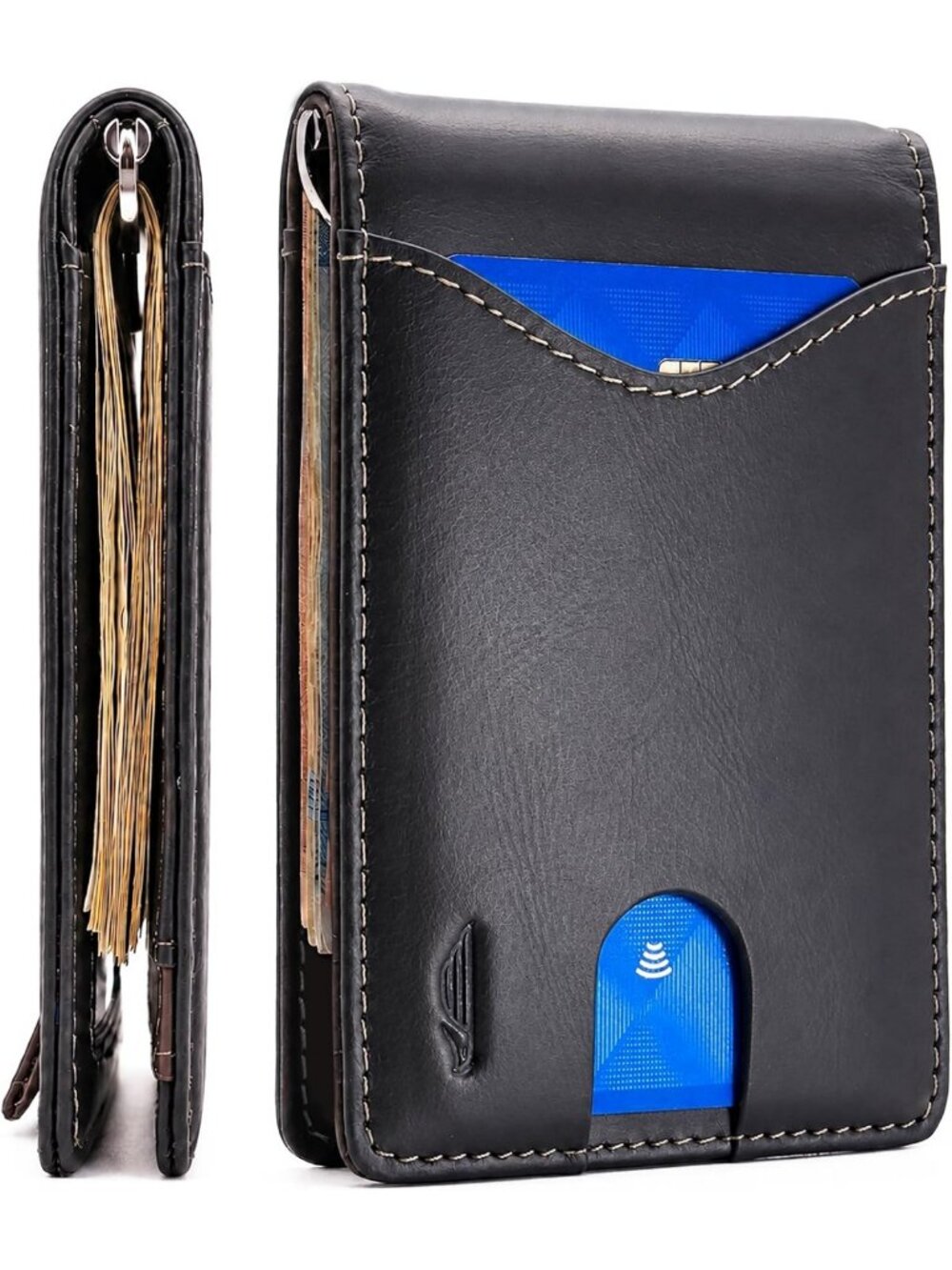Slim Leather Bifold Wallet for Men - RFID Blocking, Money Clip, Black Design